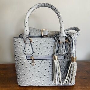 Elegant Gray Faux Ostrich Handbag with Tassel Accents